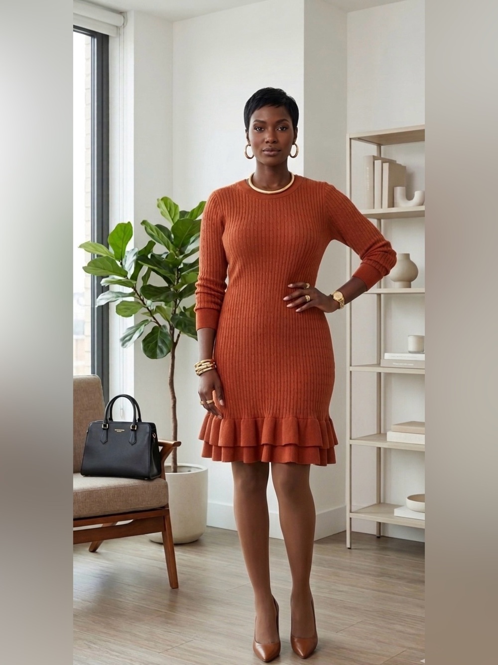 NWT Nanette Lepore Ribbed Sweater Dress XL Rust Orange Ruffle Hem